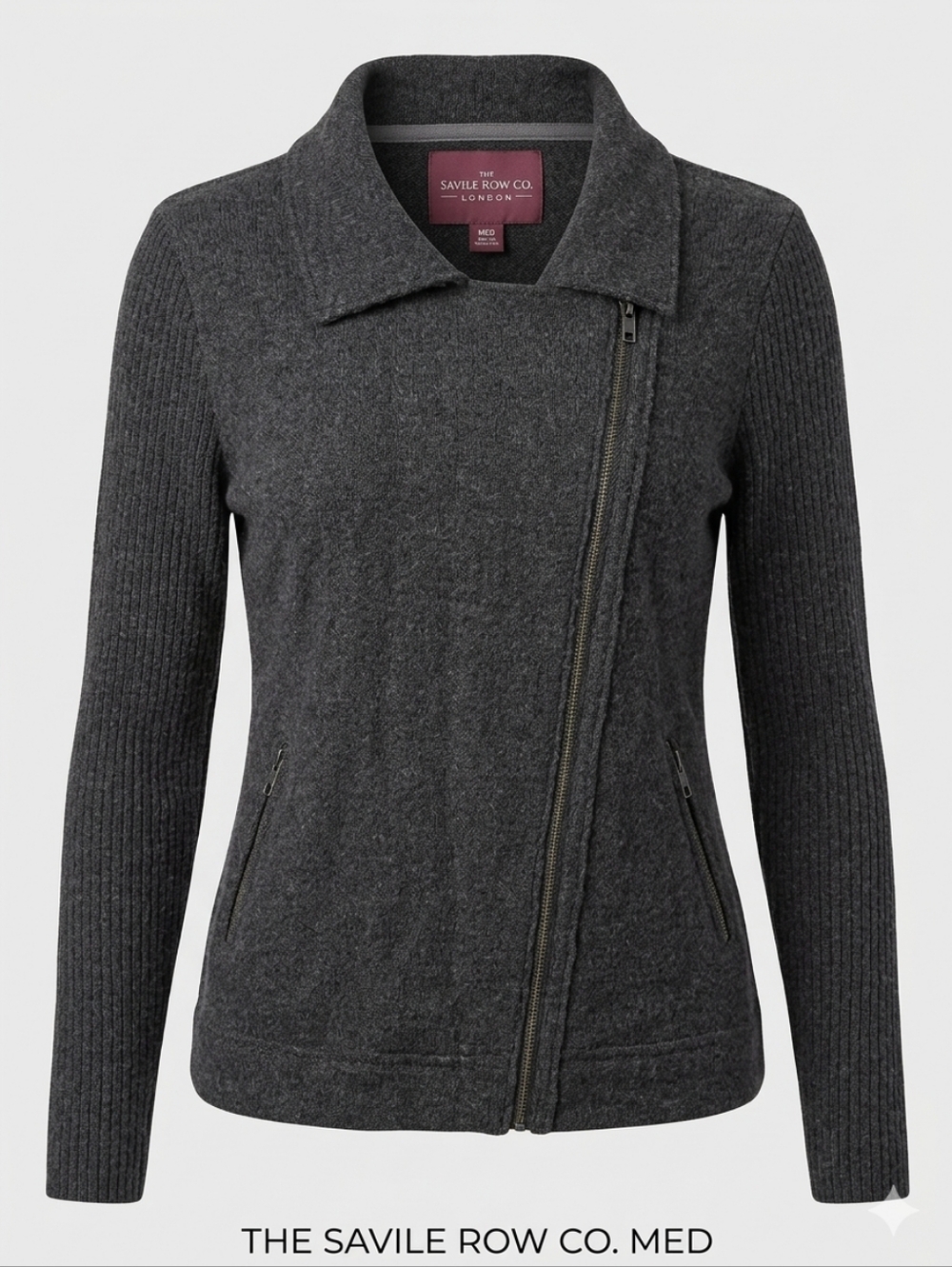 THE SAVILE ROW CO. Gray 100% Wool Full Zip Moto Cardigan - Size M